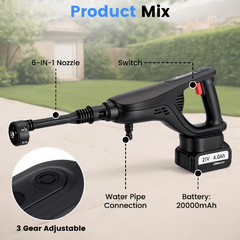 MUDIRO M-BW1 Cordless Pressure Washer 3 Gears with 4.0Ah Batteries,220Bar 1.32 GPM Brushless Motor 3500W Portable Pressure Washer with 6 in 1 Nozzles, Power Washer for Cars, Fences, Driveways, Home, Patios