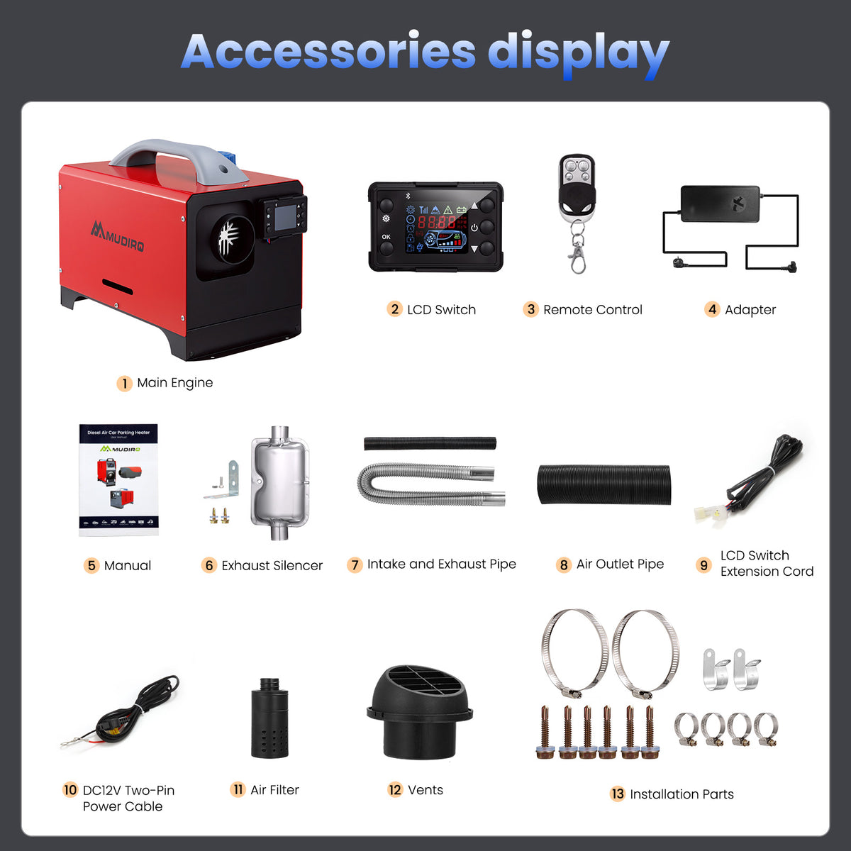 MUDIRO WS-1 8KW Air Diesel Heater with bluetooth App Control & Adapter Auto Start-Stop 110V-240V AC 12V/24V DC for Camping, RV, Tent