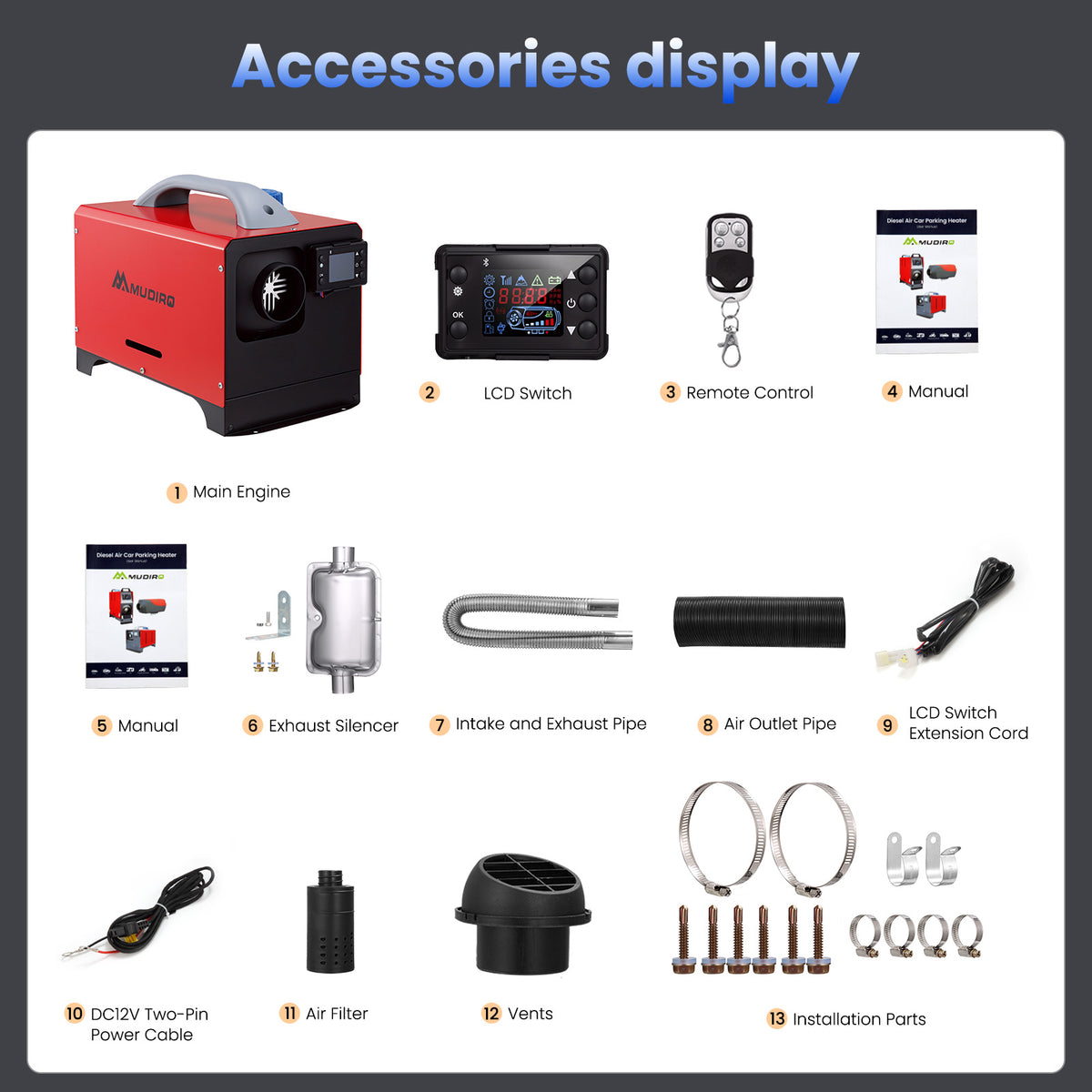 MUDIRO WS-1 8KW Air Diesel Heater with bluetooth App Control & Adapter Auto Start-Stop 110V-240V AC 12V/24V DC for Camping, RV, Tent