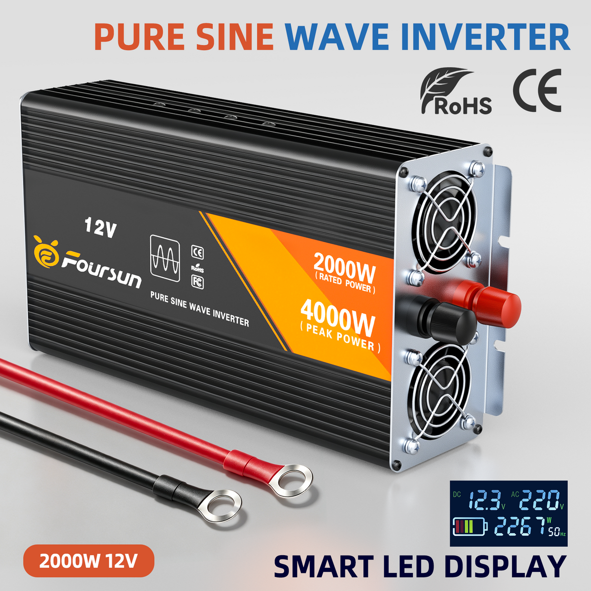 Foursun F-SI 2000 Pure Sine Wave Power Inverter 2000W Continuous / 4000W Peak, DC 12V to AC 220V 50Hz, Car Inverter