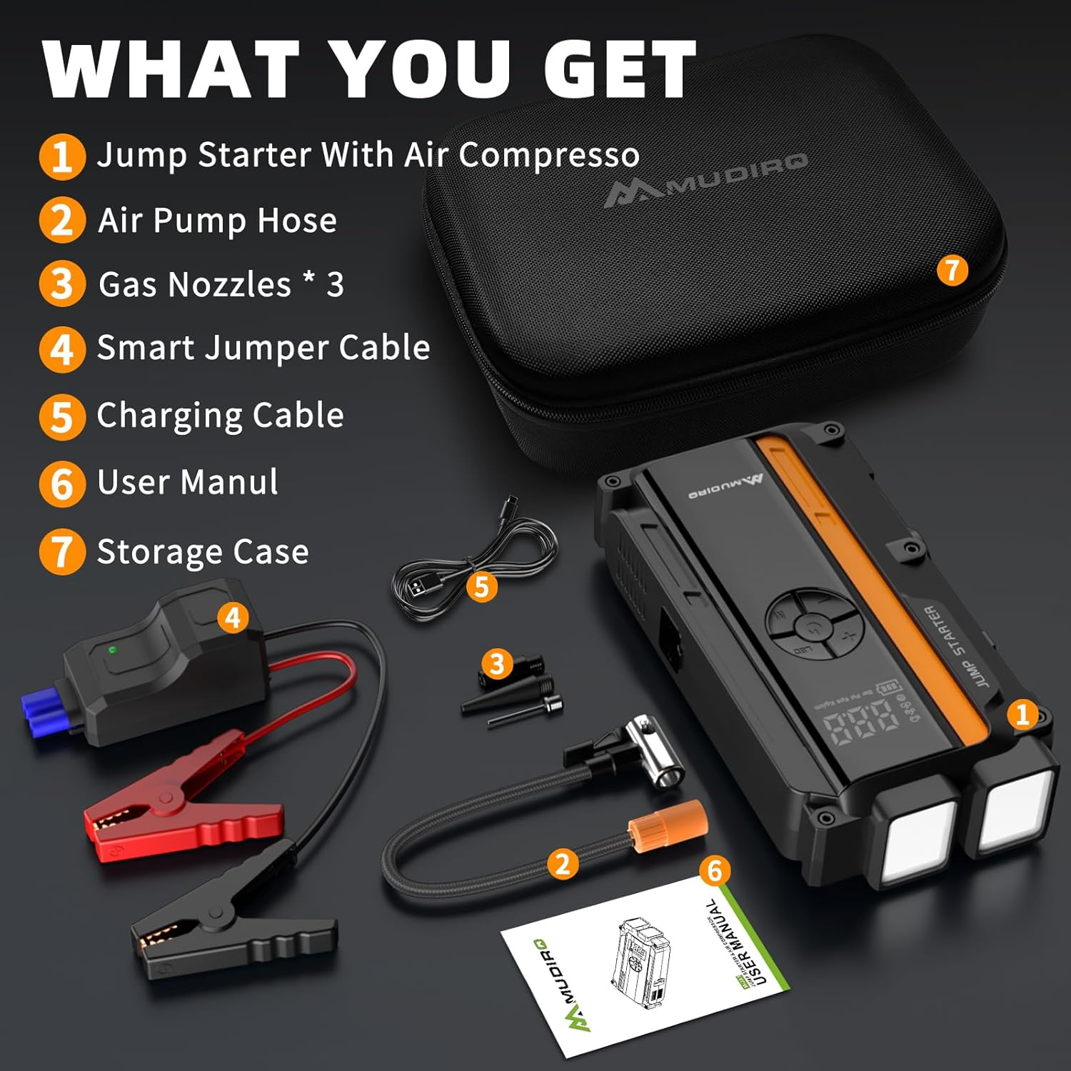 MUDIRO M-JA1 Car Jump Starter with Air Compressor 4000A 150PSI, Battery Jumper Starter Portable(10L Gas/8L Diesel), 12V Jump Box Battery Charger