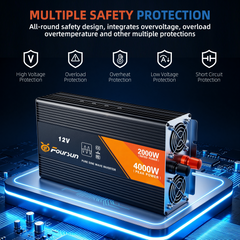 Foursun F-SI 2000 Pure Sine Wave Power Inverter 2000W Continuous / 4000W Peak, DC 12V to AC 220V 50Hz, Car Inverter