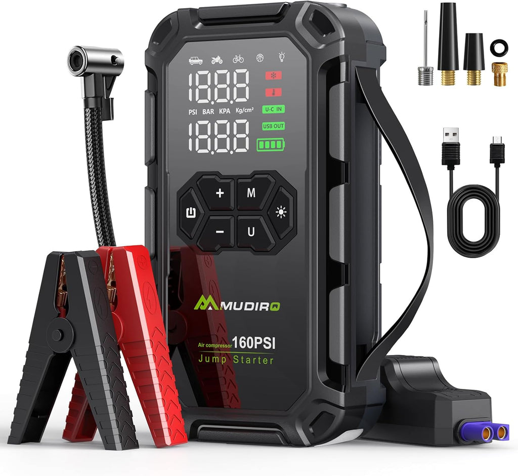 M-JA3CarJumpStarterwithAirCompressor6000A160PSI,BatteryJumperStarterPortable(AllGas/8LDiesel),12VJumpBoxBatteryCharger