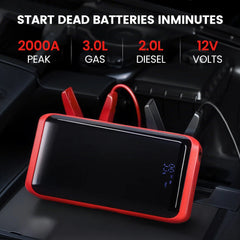 T48-60 Car Jump Starter 2000A Portable Battery Charger for Gasoline 3.0L Diesel Engines 2.0L 12V Vehicles SUVs Trucks LED Light