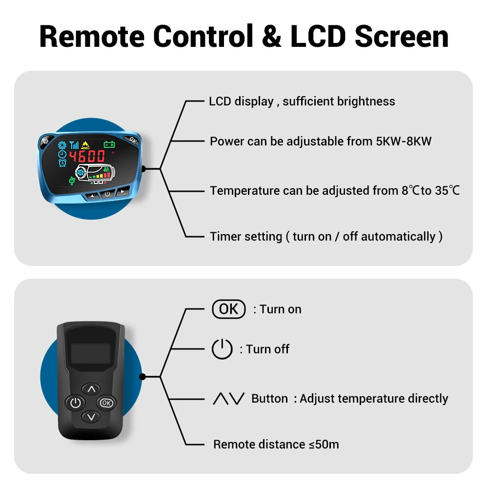 Mudiro 8KW 12V Metal Diesel Air Heater All In One Car Parking Heater with Remote Control and LCD,3L Fuel Tank,Oil Dipstick for RV Trailer Camper Van Boat