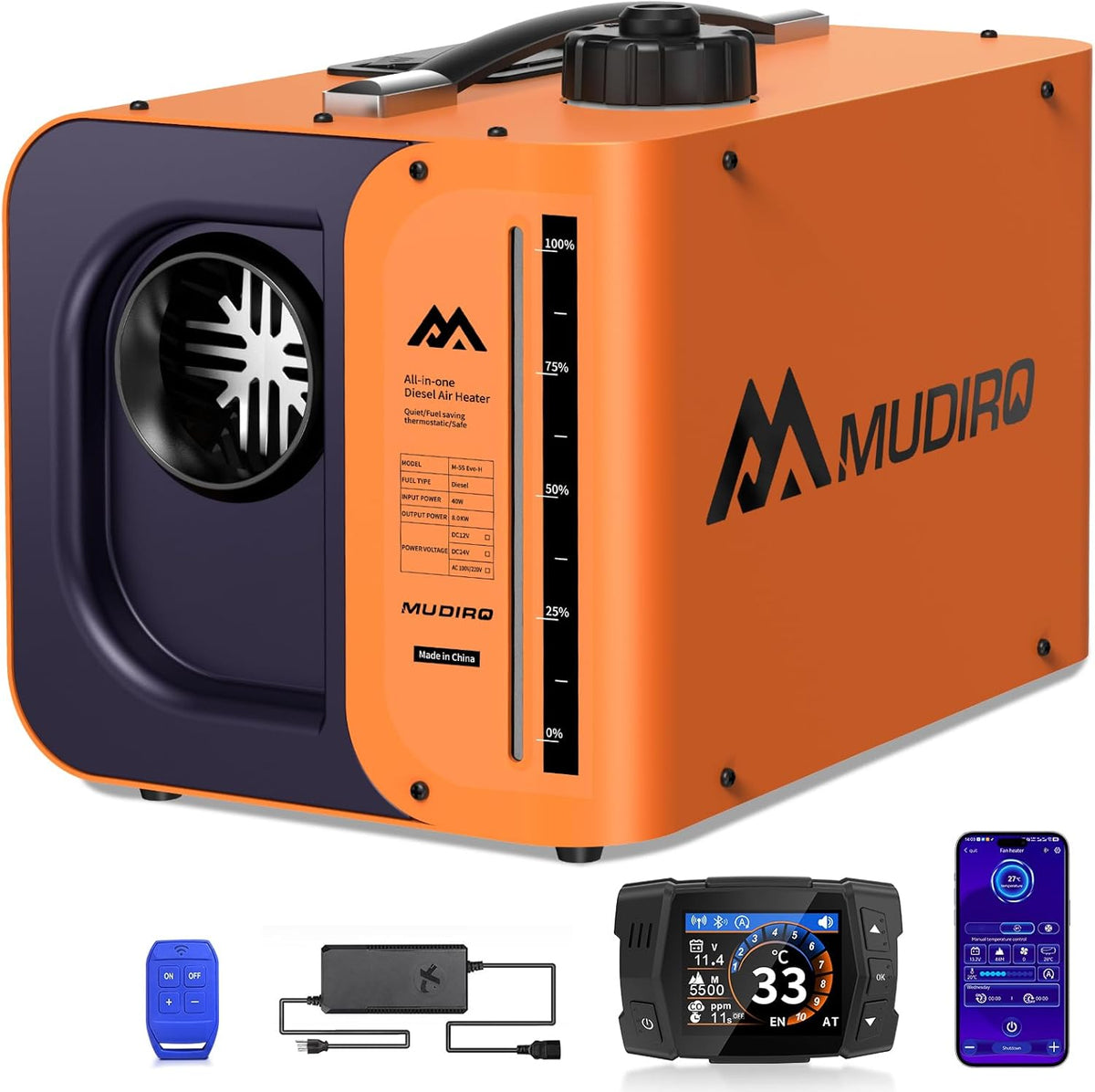 Mudiro M-5S Ultra Diesel Heater 12V/24V/110V 8KW with Auto Shut-off & Alarm, Thermostat, Bluetooth/Remote, Auto Altitude Adjustment, for Camping, RV, Tent